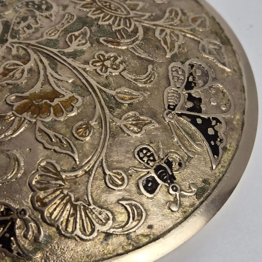 Vintage MCM Brass Floral Etched Round Trinket Dish India